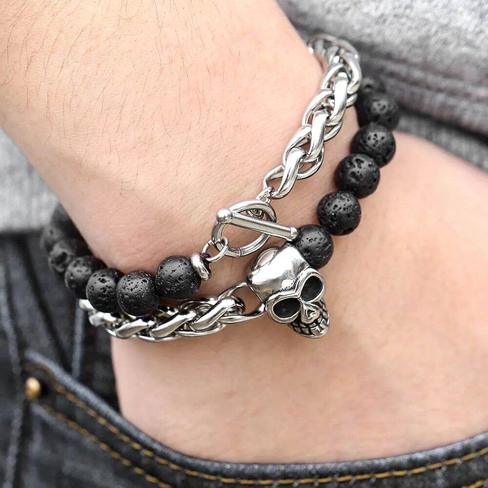 Stylish 8mm Lava Beads Men's Bracelet with Stainless Steel Wheat Link Type : Lava Beads 