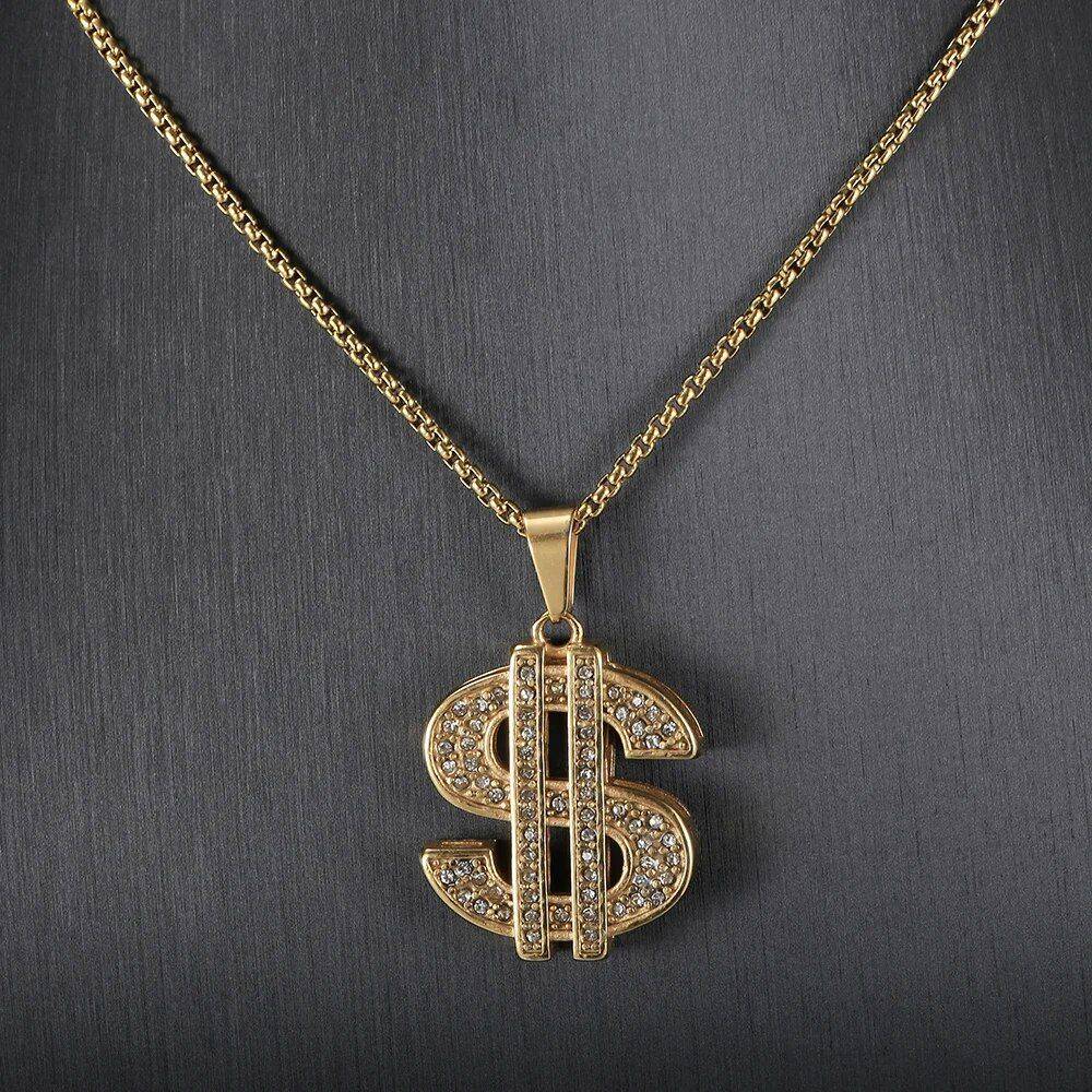Stylish Gold & Silver CZ Dollar Symbol Pendant Necklace Color : Gold |Silver  