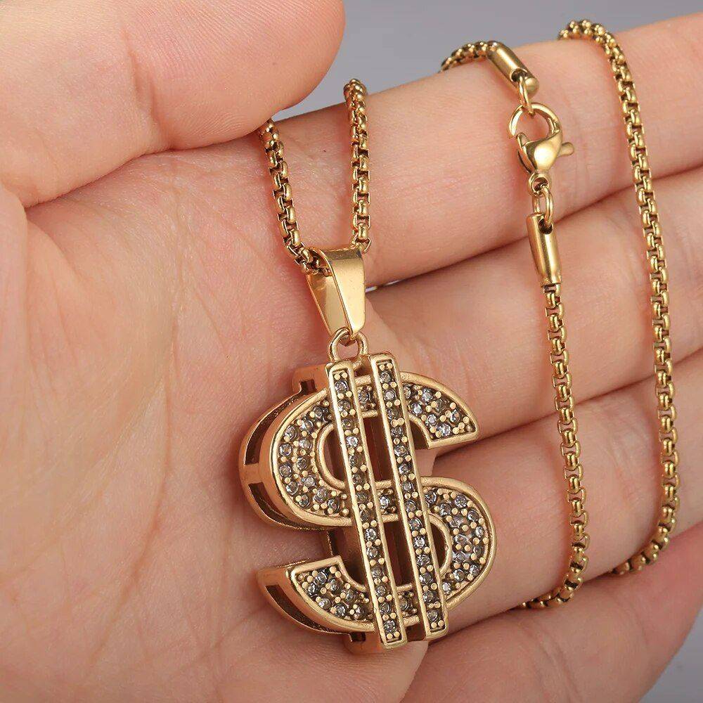 Stylish Gold & Silver CZ Dollar Symbol Pendant Necklace Color : Gold |Silver  