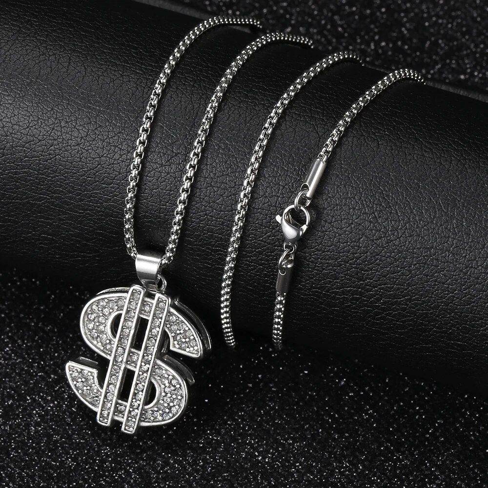 Stylish Gold & Silver CZ Dollar Symbol Pendant Necklace Color : Gold |Silver  