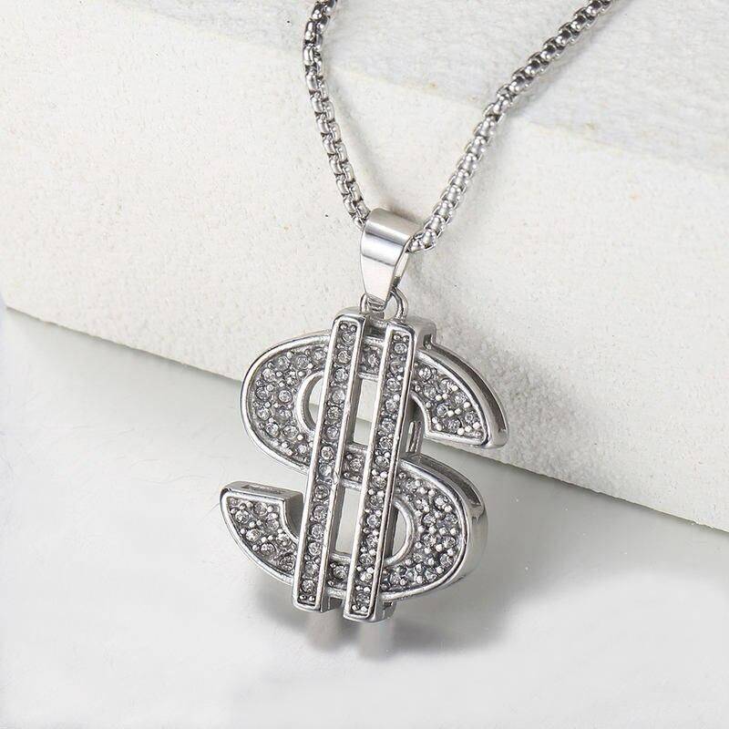 Stylish Gold & Silver CZ Dollar Symbol Pendant Necklace Color : Gold |Silver  