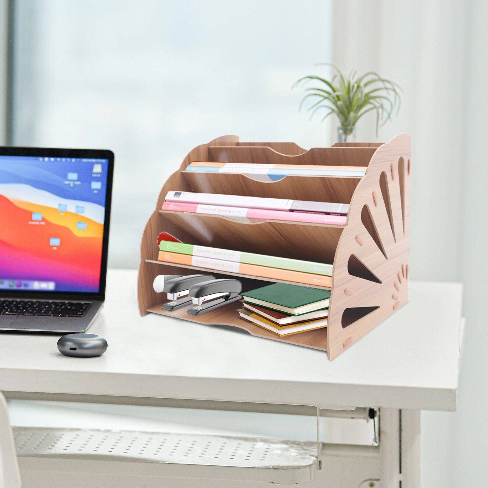 Wooden Fan-Shaped File Organizer with 5 Compartments  