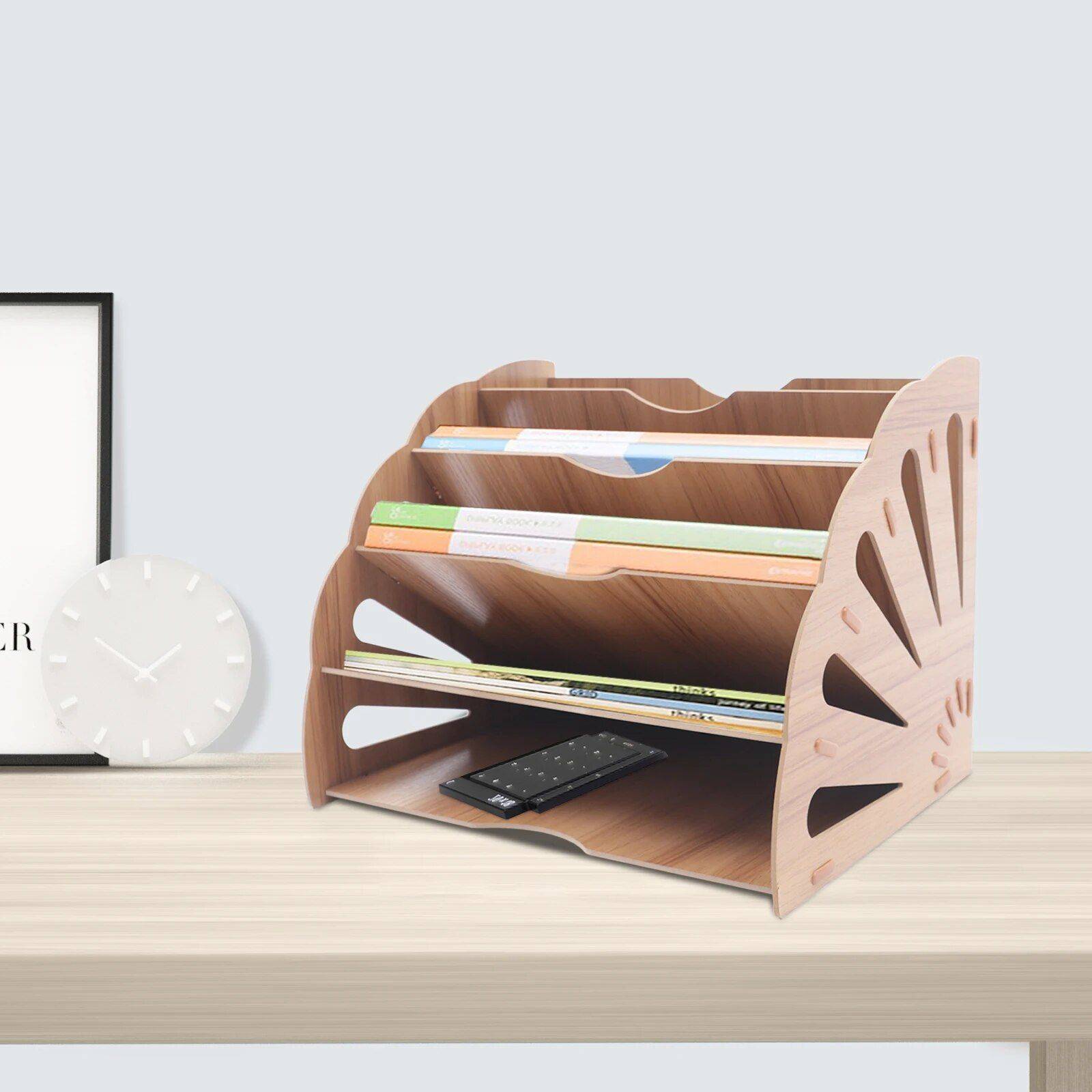 Wooden Fan-Shaped File Organizer with 5 Compartments  
