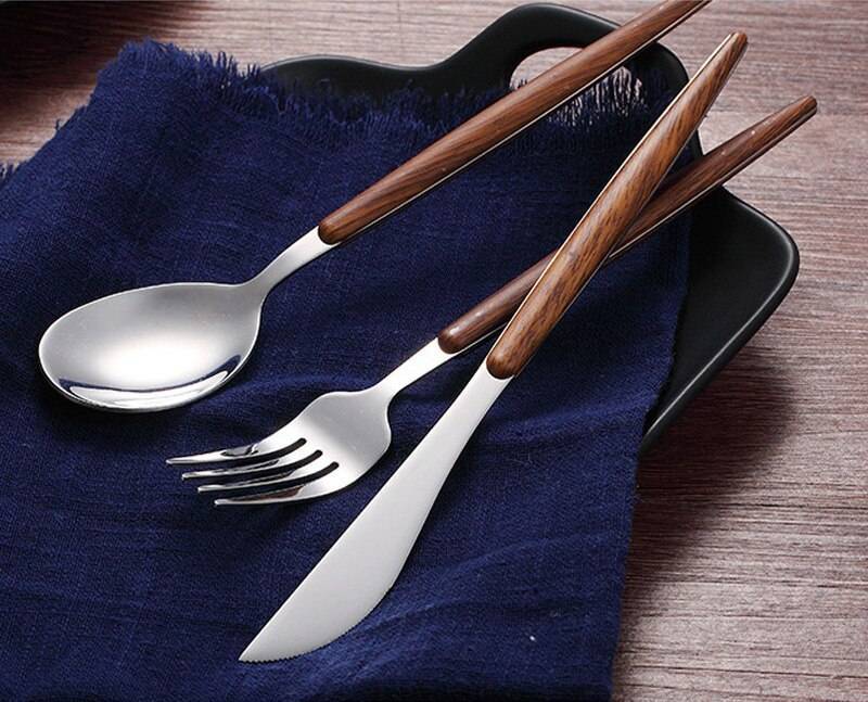 Dark Wooden Handle Stainless Steel Flatware Set